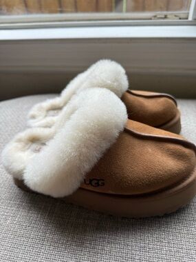 UGG Chestnut Suede Shearling Mule with Ivory Fur Cuff